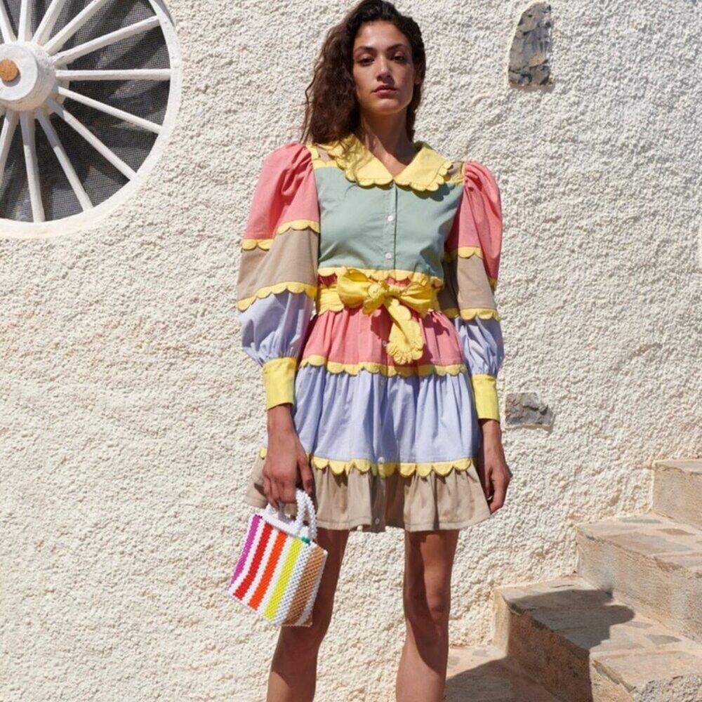 CeliaB‎ Aries Dress Multi Color Color Block Size Small Scallop Trim